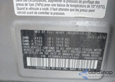 2010 Subaru Legacy 2.5I Limited from USA, damaged, VIN 4S3BMBK62A3242900